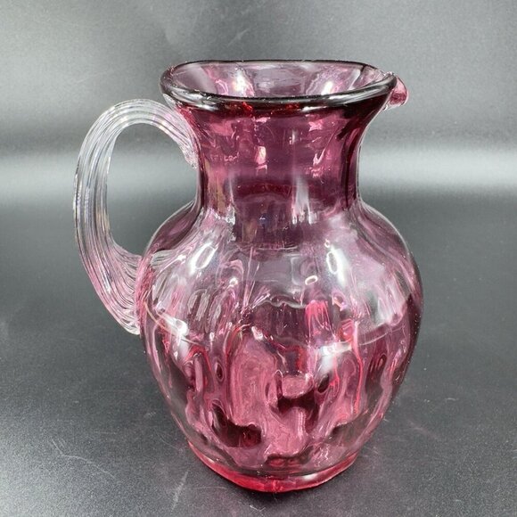 Vintage Pilgrim Glass Cranberry Optic Glass Pitcher Small Creamer Hand Blown VTG - Picture 12 of 14
